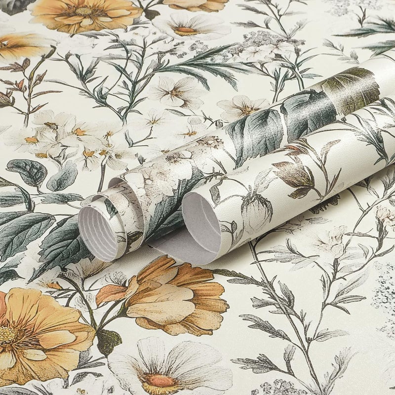Livebor Vintage Floral Peel and Stick Wallpaper Floral Contact Paper 16.9"x590.5" Boho Neutral Wallpaper Peel and Stick Self Adhesive Wall Paper for Cabinets Bathroom Covering Wall Decorative Vinyl - Image 5